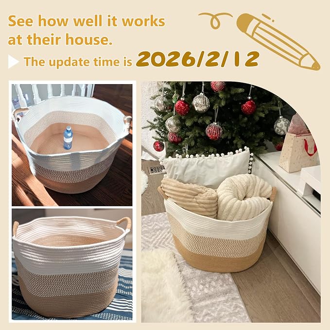 Artfeel 100L Large Cotton Rope Basket, Decorative Woven Blanket Storage for Living Room, Boho Toy Storage & Toy Box for Kids, Versatile Laundry Basket & Nursery Hamper for Blankets(BrownYellow)