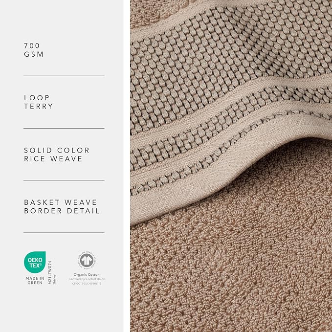 Texere 100% Organic Cotton Rice Weave Jacquard 700 GSM Luxury Bath Towel Sets - Ultra Soft and Absorbent Hotel and Spa Quality (Rice Weave, Oxford Tan, 2 Bath & 2 Hand Towels)