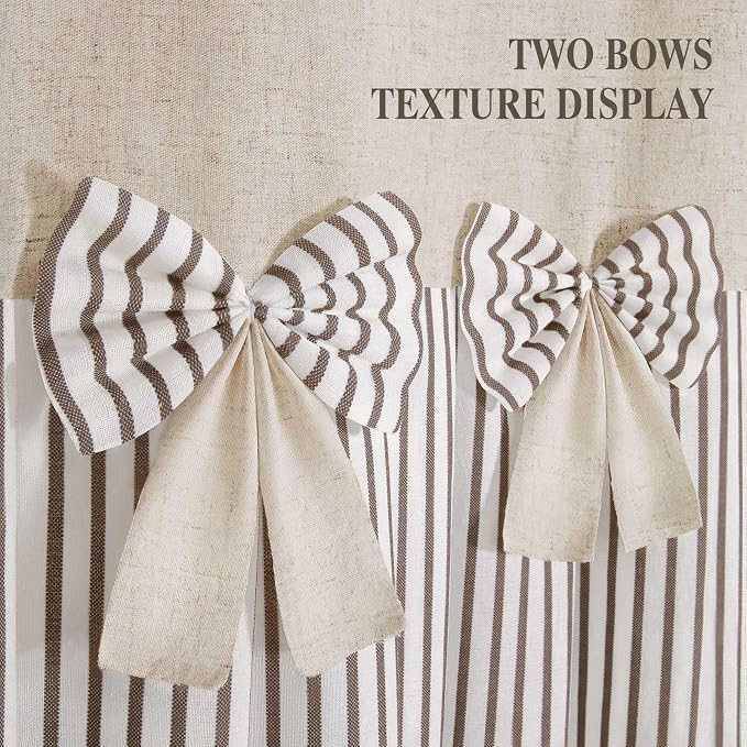 Farmhouse Shower Curtain Linen Bow Pleated Brown Stripe 72"W x 80"L | Farmhouse Style, Chic Bow, Striped, Linen Fabric, Rustic, Country, Natural Look, Washable, for Bathroom Bathtub