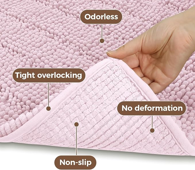 Bcoimo Bath Rug Mat,48x30 Chenille Non Slip Pink Long Bathroom Runner Rugs | Extra Soft Bathroom Floor Mats;Non Slip with Rubber Back Bath Mats;High Absorbent, Quick Dry Microfiber mat; Machine Washable