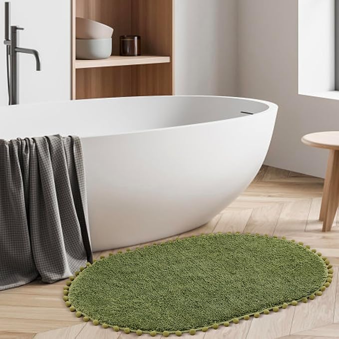 YIRDDEO Oval Rug for Bathroom, Boho Bath Mat with Pom, Olive Green, 36"x24" | Soft Plush, Absorbent, Quick Dry, Machine Washable, Non Slip Bath Mat for Bathroom Shower Floor Home Decor