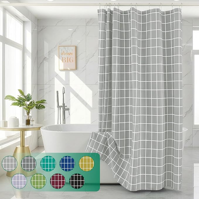Biscaynebay Extra Long Shower Curtains-72x84 Inch Silver Grey Bathroom Modern Farmhouse Faux Linen Textured Grid Plaid Fabric Shower Curtain, Minimalist Simple Geometric Neutral Decor Washable