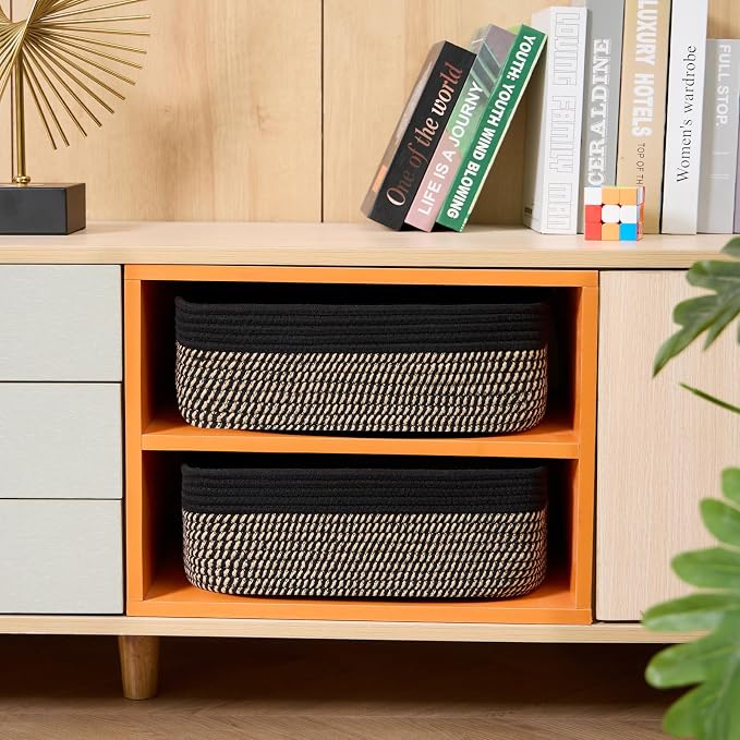MiniArk Large Shallow Organizing Baskets 15x11x5.1 Inches - Rope Woven Storage Bins for Bathroom, Shelves, Cube Closet, Black Woven Brown 3 Packs