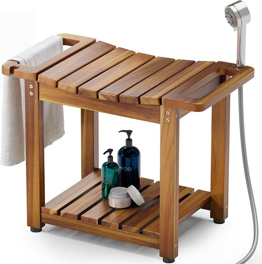 Bluewest 23.4 Inch Shower Bench with Storage Shelf, Natural Wood and Handle | Waterproof Bathroom Spa Bench for Sitting Inside the Shower and Shaving Legs, with a Built-In Handle and Shower Head Holder.