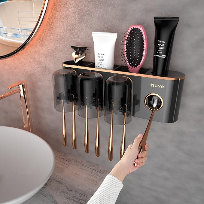 iHave Toothbrush Holders for Bathrooms Wall Mounted with Dispenser & 3 Cups | 9 Slots Wall Mount Toothbrush Holders for Bathrooms with Squeeze Toothpaste Dispenser, 3 Cups & 3 Compartments Organizer