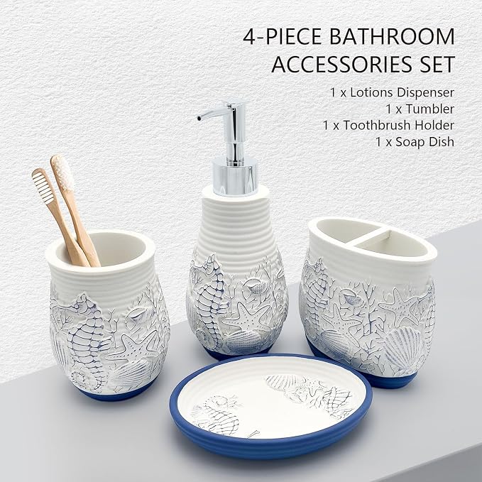 Beach Theme Bathroom Accessory Sets 4PCs Bathroom Set Complete Embossed Seashell Starfish Design Includes Lotion Dispenser Toothbrush Holder Tumbler Cup & Soal Dish