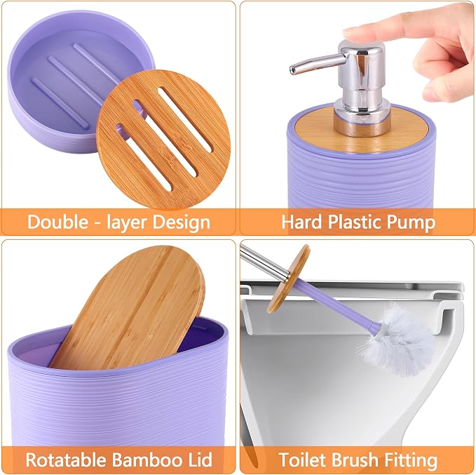 10 PCS Purple Bathroom Accessories Set with Trash Can Bathroom Accessory | All-in-One Kit with Trash Can,Toothbrush Holder,Soap Dispenser,Toothbrush Cup,Vanity Tray,Soap Dish,Toilet Brush etc for Home