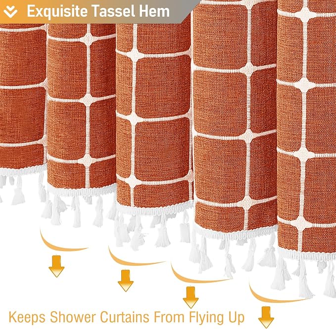 Burnt Orange Boho Farmhouse Linen Heavy Duty Shower Curtain Set, 72x72 | 330GSM Linen Blend, Classic Plaid, 3-side Tassels, Water Repellent Fabric, 12 Plastic Hook, Rustic Bohemian, Machine Washable