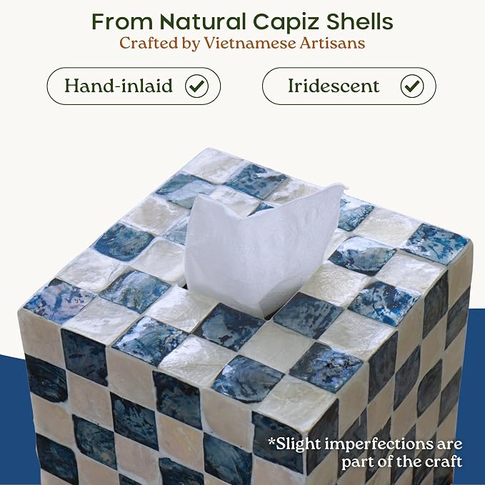 5.5" Capiz Square Tissue Box Cover, Cube Tissue Holder, Navy | Bottom Slider, Checkered Pattern, Navy Blue Tissue Box Cover For Kleenex, Decorative Tissue Box Cover, Bathroom Accessories