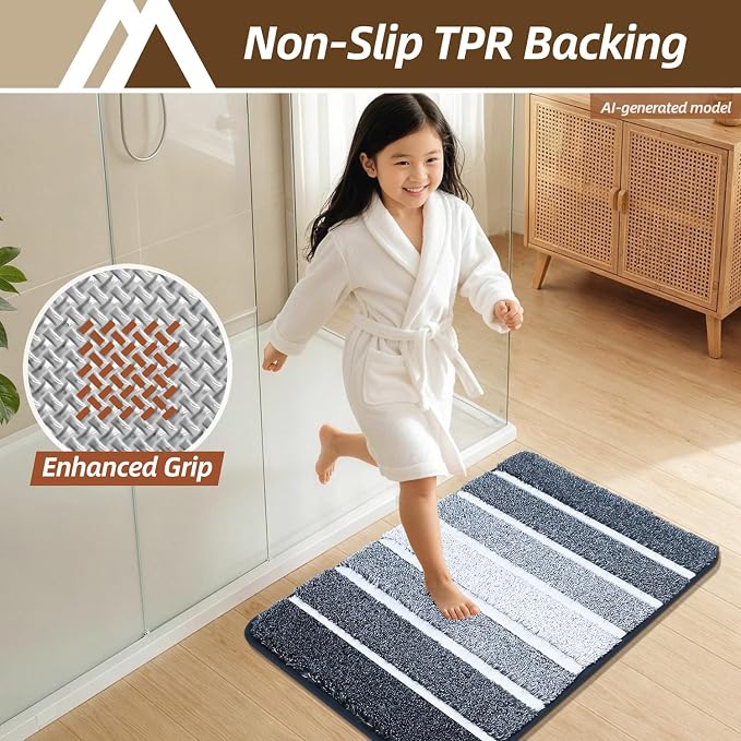 COSY HOMEER Bathroom Rugs 30x20, Ultra Soft Absorbent Bath Mat | Non-Slip TPR Backing Stays in Place, Machine Washable Bath Rug Shaggy Rug for Bathroom Floor, Dark Blue & White