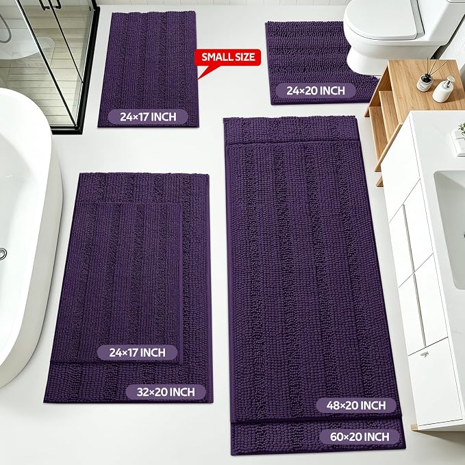 Striped Eggplant Purple Bathroom Rug Set 3 Pieces Ultra Soft, Non Slip Chenille Bath Carpet, Absorbent Plush Shaggy Bath Mats for Bathroom, Toilet, Bedroom, Kitchen