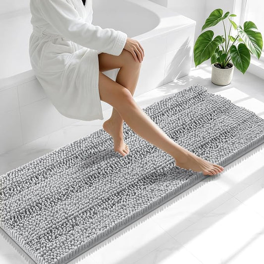 Smiry Thick Chenille Bathroom Runner Rugs 47x20, Soft Bath Mat, Light Grey | Quick‑Dry & Machine Washable, Non‑Slip Bath Carpet, Striped Bath Rugs for Tub & Shower, Modern Home Decor Accessories