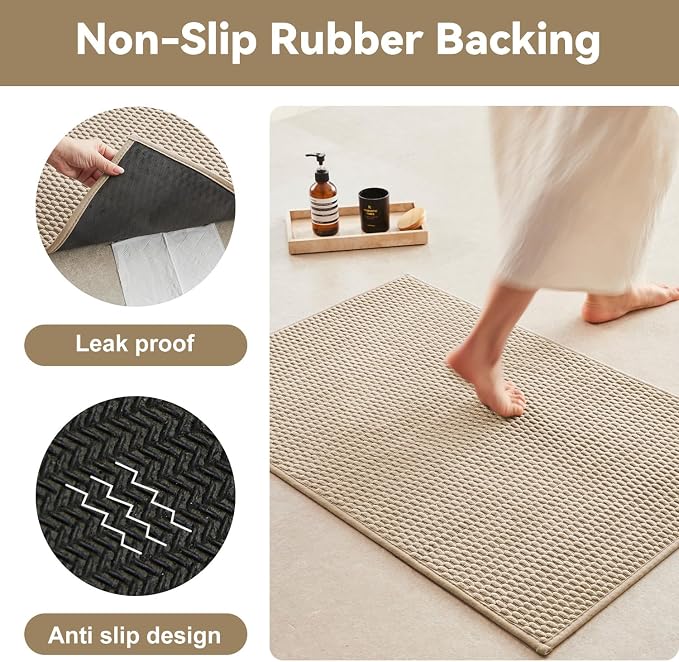 Triohero Bathroom Runner Rug, Long Bath Mat Washable Thin Quick Dry Low Pile Bathroom Runner Rugs 24 x 60 Non Slip, Beige 24x60