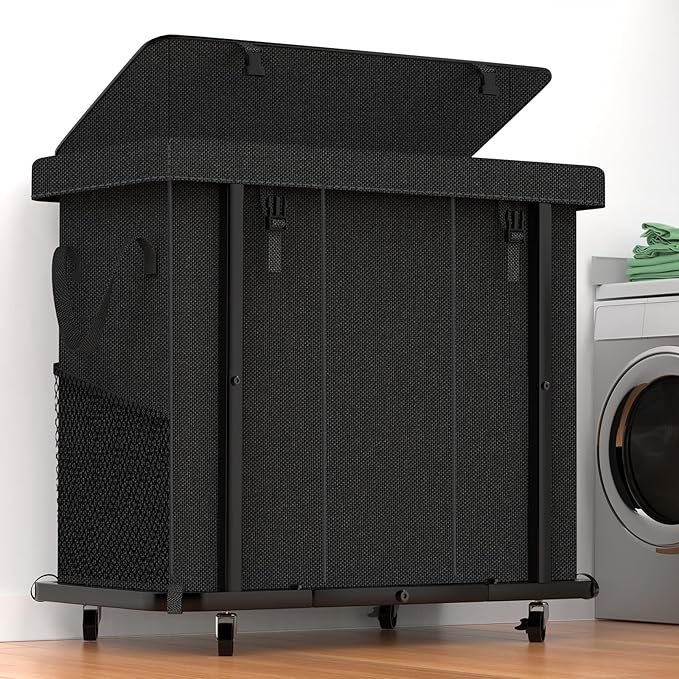 Laundry Basket with Lid,230L Rolling Laundry Hamper with Wheels,Black | Dirty Clothes Hamper with Metal Frame and Removable Bag Design, Suitable for Laundry Room, Bedroom (3 Section)