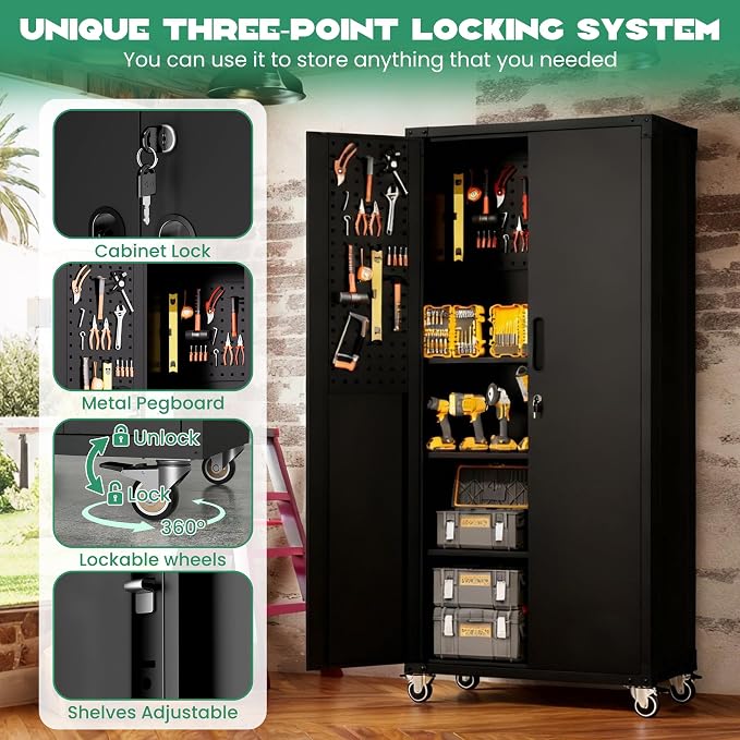 Garage Storage Cabinet System,Wall Cabinet & Locking Rolling Tool Cabinet with Doors and Adjustable Shelves