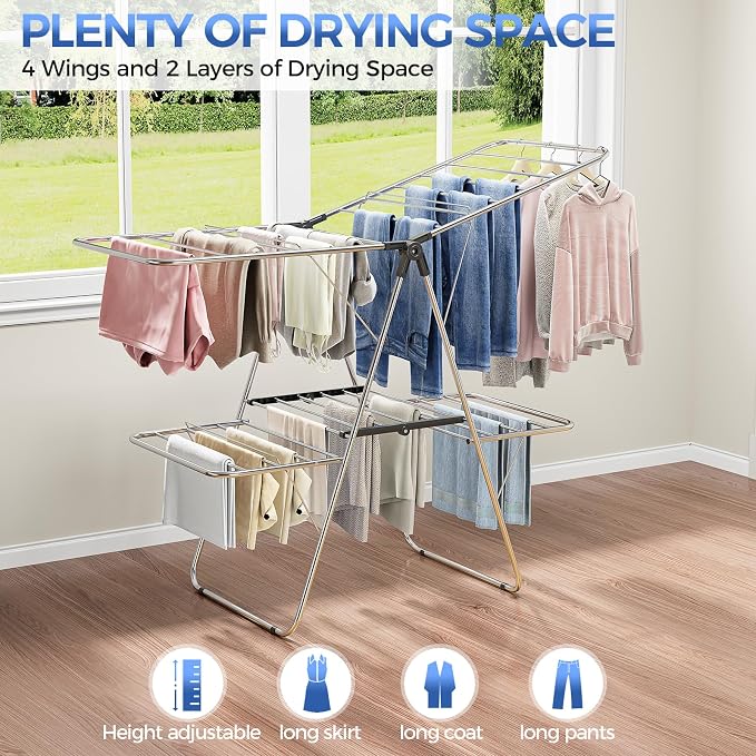 Large Stainless Steel Clothes Drying Rack, Generous Drying Area | Foldable 2-Level Drying Rack Clothing, Free-Standing Laundry Airer, with Height-Adjustable 4 Wings, Matte Black