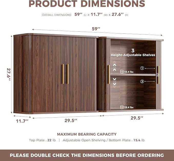 FIMELLO 59" W Laundry Room Cabinets Wall Mounted, Kitchen Wall Cabinet with Sliding Tambour Door, Floating Cabinet for Wall, Upper Cabinets, Hanging Wall Cabinets, Brown Walnut