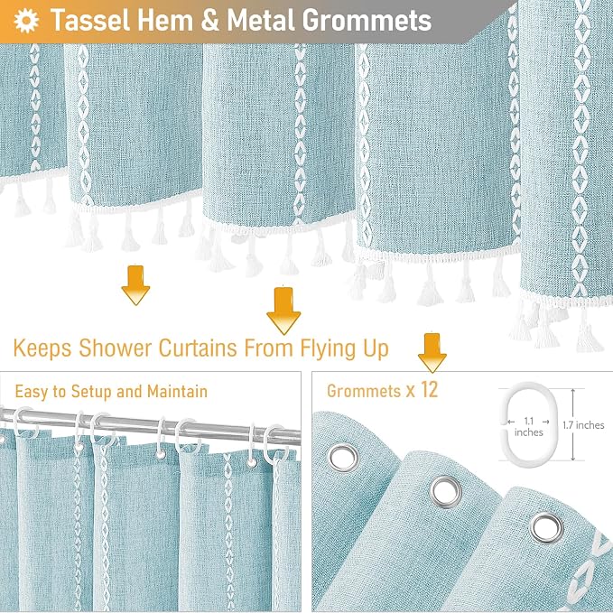 72x84 Long Boho Farmhouse Linen Heavy Duty Shower Curtain, Fog Blue | Tall Size, 330GSM Linen Blend, Water Repellent, Vintage Striped Fabric, 12 Plastic Hooks, Rustic Country, Machine Washable