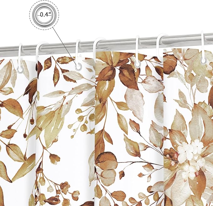 Brown Eucalyptus Shower Curtain, Watercolor Floral Print, 60x72 | Watercolor Plant Leaves Floral Print, Stall Waterproof Fabric Bathroom Decor, Machine Washable, Rustproof Grommets
