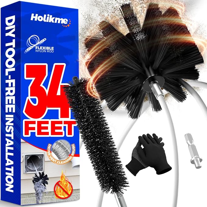 Holikme Dryer Vent Cleaner Kit - 34Ft Flexible Lint Brush for Deep Cleaning | Dryer Vent Cleaner Brush with Drill Attachment, Removes Years of Lint Buildup, Improves Airflow, Faster Drying & Fire Safety