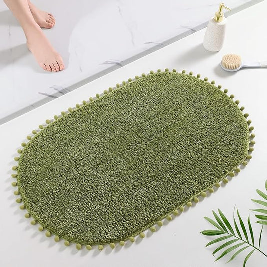 YIRDDEO Oval Rug for Bathroom, Cute Boho Bath Mat with Pom, Olive Green | Soft Plush, Absorbent, Quick Dry, Machine Washable, Non Slip Bath Mat for Bathroom Shower Floor Home Decor