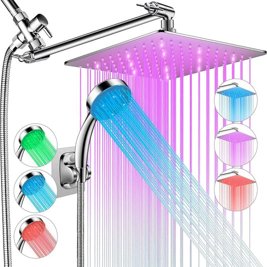 LED Shower Head with High Pressure 10” Rain Shower Head, 11” Extension Arm | Color Changing Based On Water Temperature Handheld showerhead, Stainless Steel, 60" Hose, Chrome