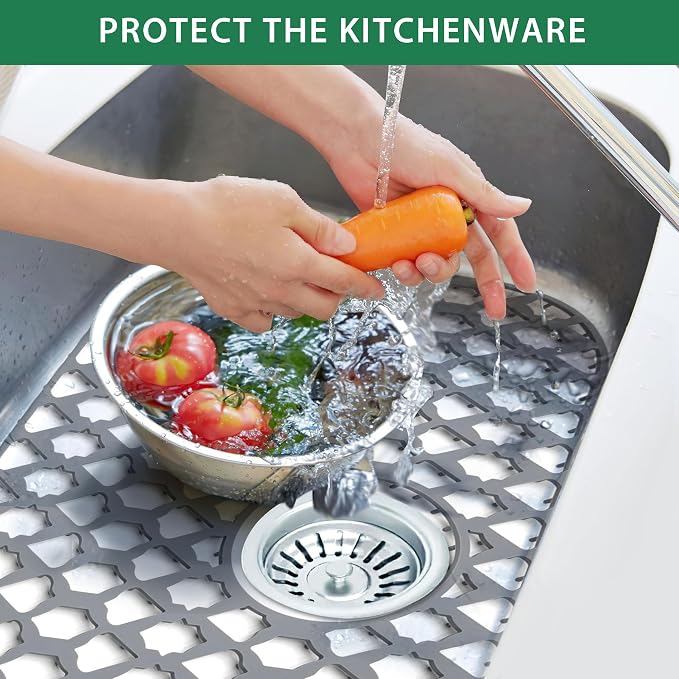 Silicone Sink Protector for Multi-Size Kitchen Sink (22"x13", Rear Drain) | Flexible and durable, heat-resistant, machine washable, non-slip, gray grid.