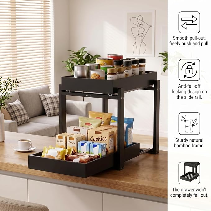 MHXW SXPN Bamboo Under Sink Organizer, 2 Pack Pull Out Cabinet Organizer | 2 Tier Vertical Smooth Slide Out Undersink Storage Shelf | Multi-Purpose Organizer Shelves for Kitchen Bathroom Medicine