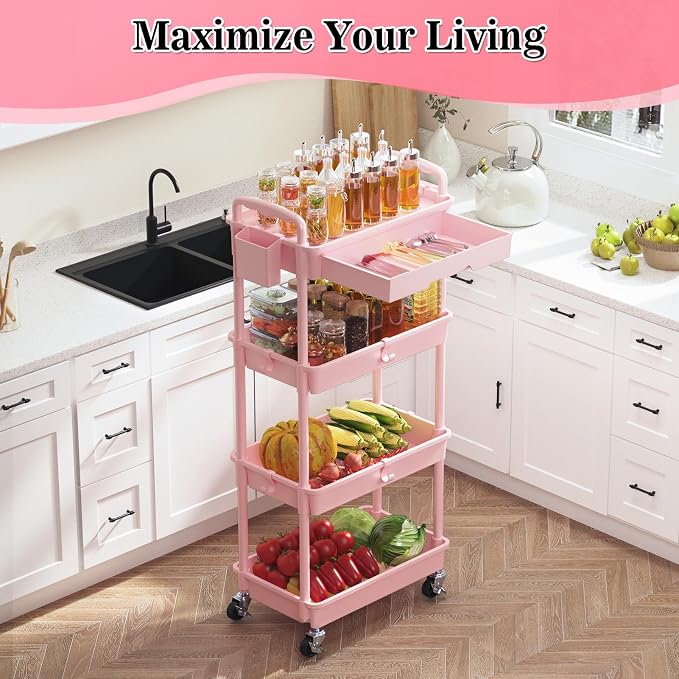 SUNALLY 4 Tier Rolling Cart with Drawer, Craft Storage Cart Organizer, Pink | Bathroom Storage Organizer with 2 Lockable Wheels, Rolling Utility Cart for Kitchen, Office, Baby, Makeup, Nail,Snack,Laundry