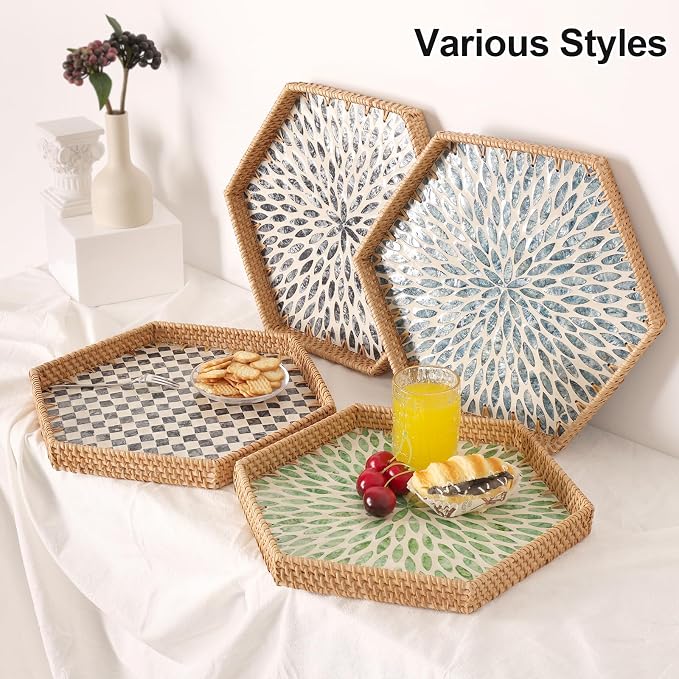 Hexagon Rattan Tray with Mother of Pearl Inlay, Rattan Serving Tray for Coffee, Bread, Fruits, Snacks, Decorative Wicker Tray for Table Decor, Home Decor (Green Leaves, 14.5"×12.8")