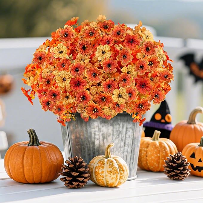 16PCS Artifcial Fall Flowers for Outdoor Decorations, Mix Orange | Realistic Orange Autumn Artificial Flowers, Porch Yard Fall Decor, Thanksgiving & Harvest Home Decorations