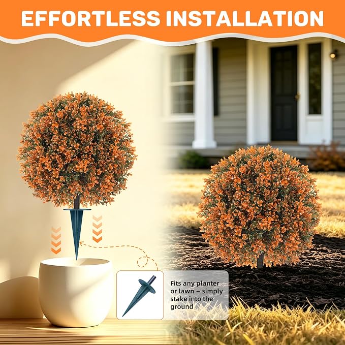 Artificial Boxwood Topiary Ball Outdoor Set of 2, Fake Bushes | Fall UV Resistant,Fake Plants with Ground Spike,Faux Boxwood Trees Shrubs for Outdoor Indoor Garden Porch Home Decor