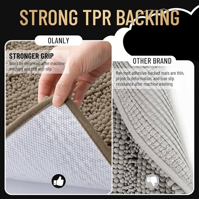 OLANLY Thick Bathroom Rugs 36x24, Soft Chenille Striped Bath Rugs, Tan | Rubber Backing, Machine Wash, Extra Absorbent Bath Mats for Bathroom Floor, Tub and Shower, Home Decor Accessories
