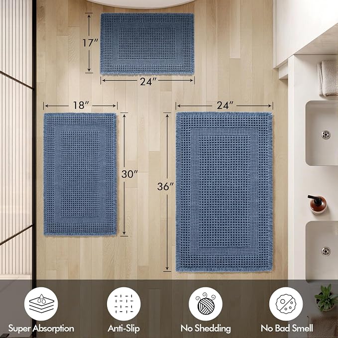 MIULEE Set of 2 Waffle Bathroom Rugs Blue Boho Bath Mat 17x24+18x30 in | Looped Design, Super Absorbent, Non Slip, Washable, Ultra Soft, Rubber Backed, Bathroom Mats for Floor Tub Shower