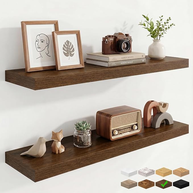 Marsmiles 9.25in Depth 36in Floating Shelves, 36x9.25x1.4, Walnut, Set of 2 | Wall Mounted Engineered Wood Shelves, Invisible Brackets for Living Room, Bedroom, Bathroom, Kitchen Decor and Storage