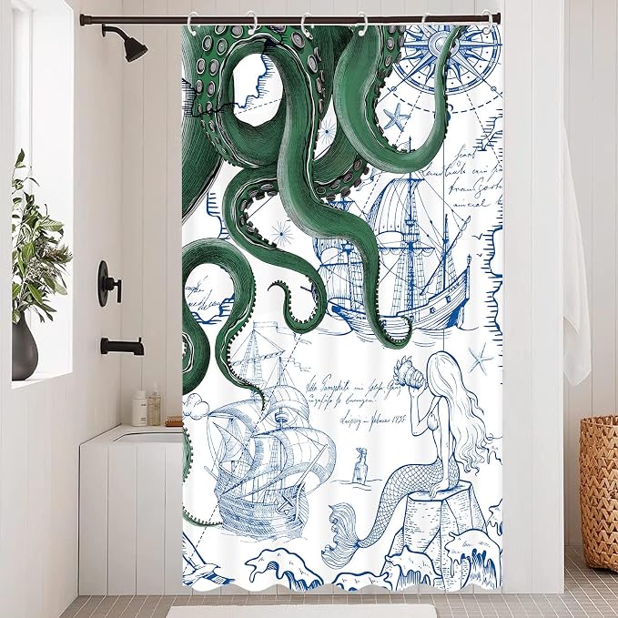 Fungarth Stall Green Nautical Octopus Shower Curtain Navy Blue Mermaid Funny Ocean Kraken Shower Curtains for Bathroom Cool Anchor Coastal Map Waterproof Fabric Bath Curtain Decor (Green, 36” x 72”)