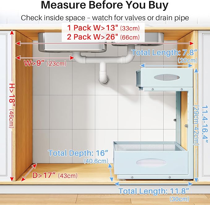 Under Sink Organizer, 2 Tier Pull Out Under Cabinet Organizer Shelf with Pad for Framed Cabinets, Metal Slide Out Under Sink Storage, Mesh Sliding Drawers for Kitchen Bathroom Laundry(Blue, 1 Pack)