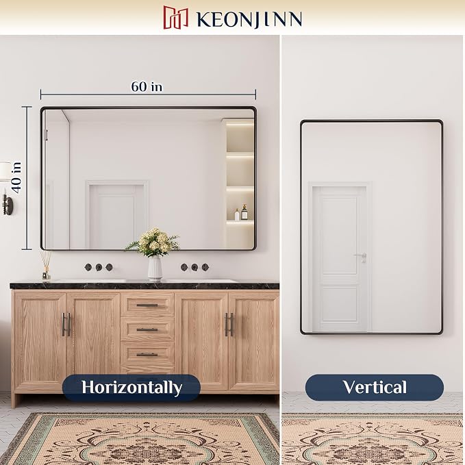 Keonjinn 60 x 40 Inch Black Bathroom Mirrors for Over Sink, Tempered Glass | Sandblasted Finish, Matte Black Vanity Mirror, Anti-Rust, Seamless Aluminum Frame, Rounded Rectangle, French Cleat Mount
