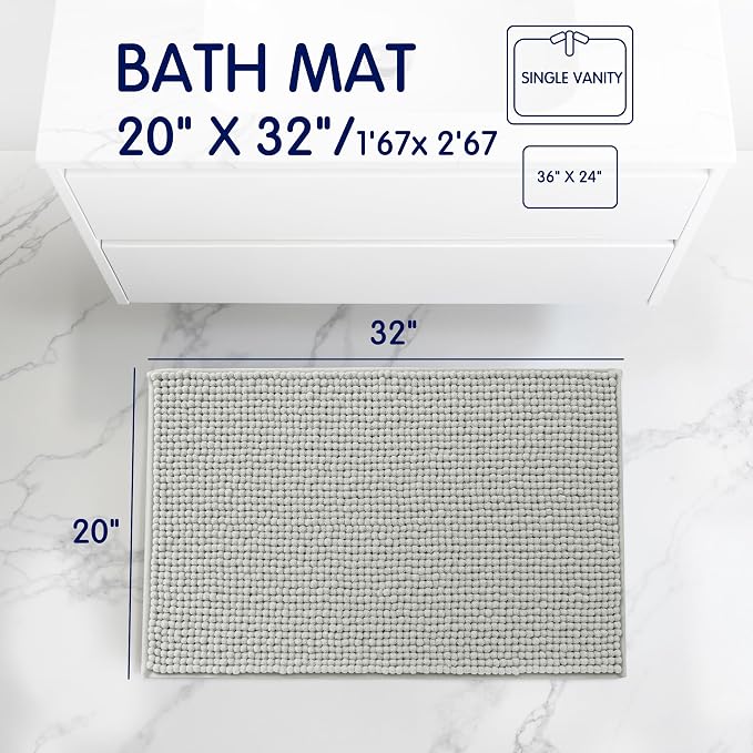 SUBRTEX Bathroom Rugs, 20" x 32" Chenille Bath Rug Soft Short Plush Bath Mat Soft Shower Mat Water Absorbent Shower Mat Quick Dry Machine Washable, Light Gray