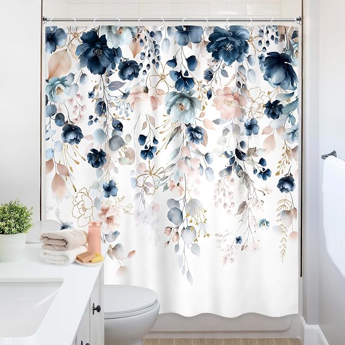 Blue Pink Floral Extra Long Rustic Bathroom Shower Curtain Set | 72"W x 84"L Boho Wildflower style, clear shower print, fast-dry fabric and hooks for a simple bath update.