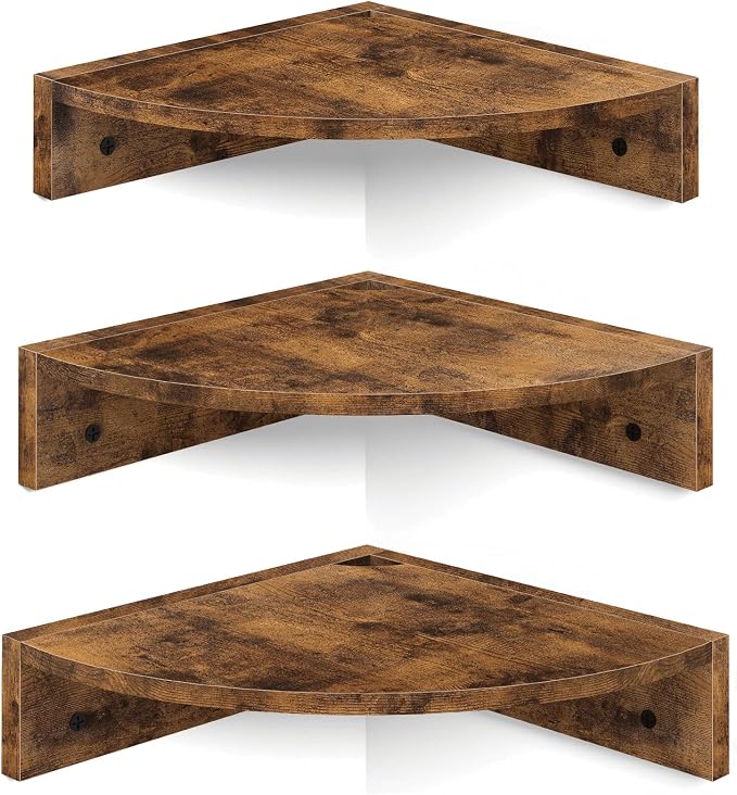 Corner Shelf Wall Mount, Set of 3 Floating Corner Shelves with Cord Hole, 3 Tier Wood Wall Display Shelf, Storage for Bathroom Living Room Kitchen Bedroom, Rustic Brown and Black