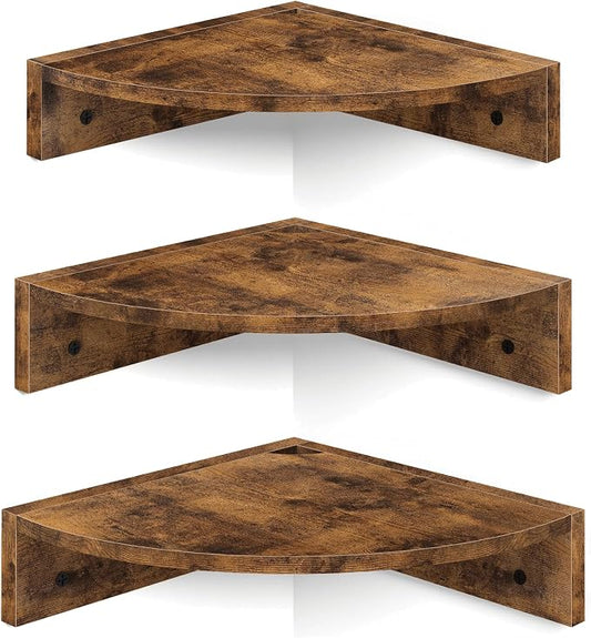 Corner Shelf Wall Mount, Set of 3 Floating Corner Shelves with Cord Hole, 3 Tier Wood Wall Display Shelf, Storage for Bathroom Living Room Kitchen Bedroom, Rustic Brown and Black