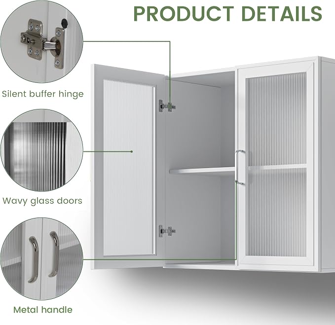 FIMELLO 24’’ Laundry Room Cabinets Set of 2, Bathroom Wall Cabinet Storage Acrylic Glass Doors, Kitchen Cabinets with Adjustable Shelf, Medicine Cabinets for Bathroom, White Bathroom Cabinet