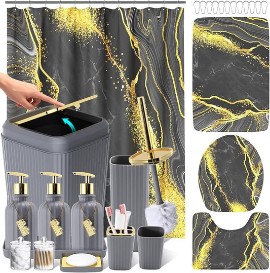 21PCS Bathroom Sets with Shower Curtain and Rugs Bathroom Accessories Set Gray Bathroom Set Complete with Trash Can, Toilet Brush, Qtip Holder & 3PCS Soap Dispenser