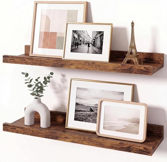 Brown Picture Ledge Shelves for Wall, 4.5" Deep Wood Floating Shelves with Lip for Bedroom, Living Room, 16" Width, Color Brown Set of 2