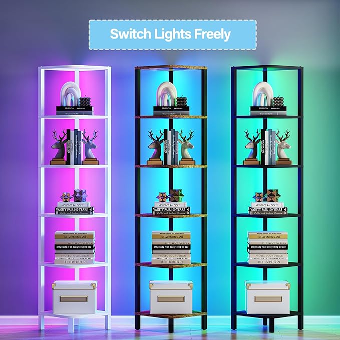 TUTOTAK Corner Shelf with LED Light, 6-Tier Corner Bookshelf | for Small Space, Narrow Display Corner Shelf Stand with Storage Rack, for Living Room, Bedroom, White BS08BW006L
