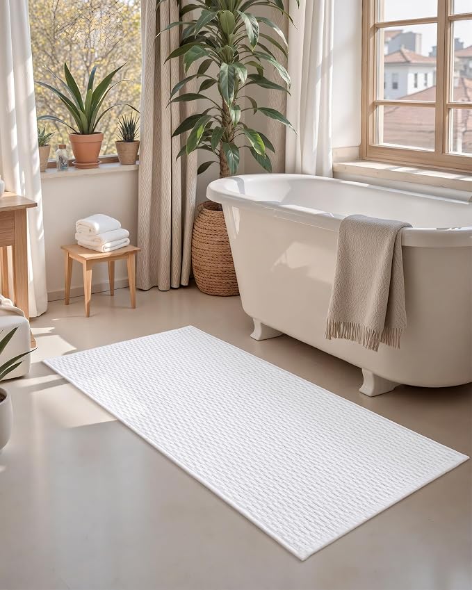 Color&Geometry 24"x36" Chenille Boho Bathroom Rug with Rubber Backing,White | Non Slip Absorbent Bath Mats for Bathroom Floor, Tub and Shower, Thin Fit Under Door, Washable Quick Dry