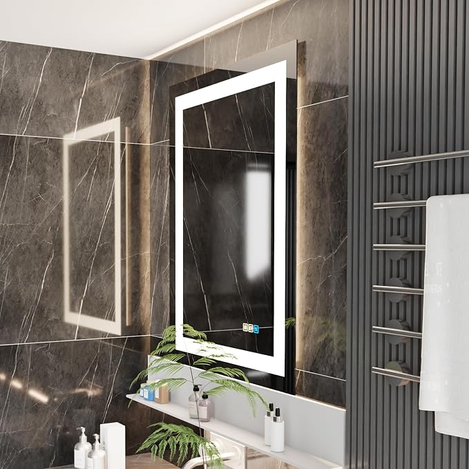 18x24 Inch LED Smart Bathroom Mirror, Wall Mounted | Anti-Fog,3 Colors Dimmable,Front and Backlit,CRI 90+,Memory,Shatter-Proof,Rectangular,Frameless,Explosion Proof