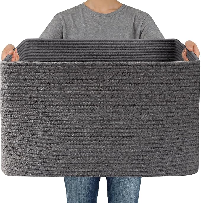 JMvicyroam 65L Large Woven Cotton Rope Blanket Basket, Grey | Blanket storage for living room or bedroom use, Freestanding with reinforced handles, Entire basket is machine washable