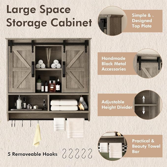 RUSTOWN Farmhouse Bathroom Wall Storage Cabinet with Sliding Barn Doors | 3-Tier, Rustic Wood Wall Mounted Cabinets, Vintage Medicine Cabinet, Adjustable Shelves, Over The Toilet Storage Cabinet